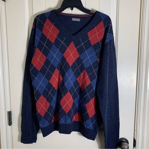 Men's Stanfield Argyle 100% Wool V-Neck Sweater Navy, Red, and Blue Size Large